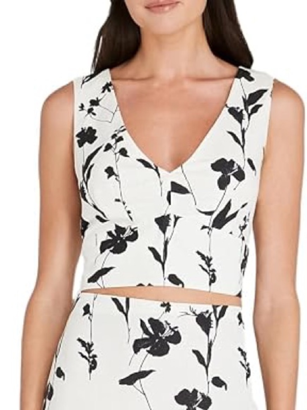 NWT Club Monaco Botanical Print Crop Top White Black V-Neck Size 2